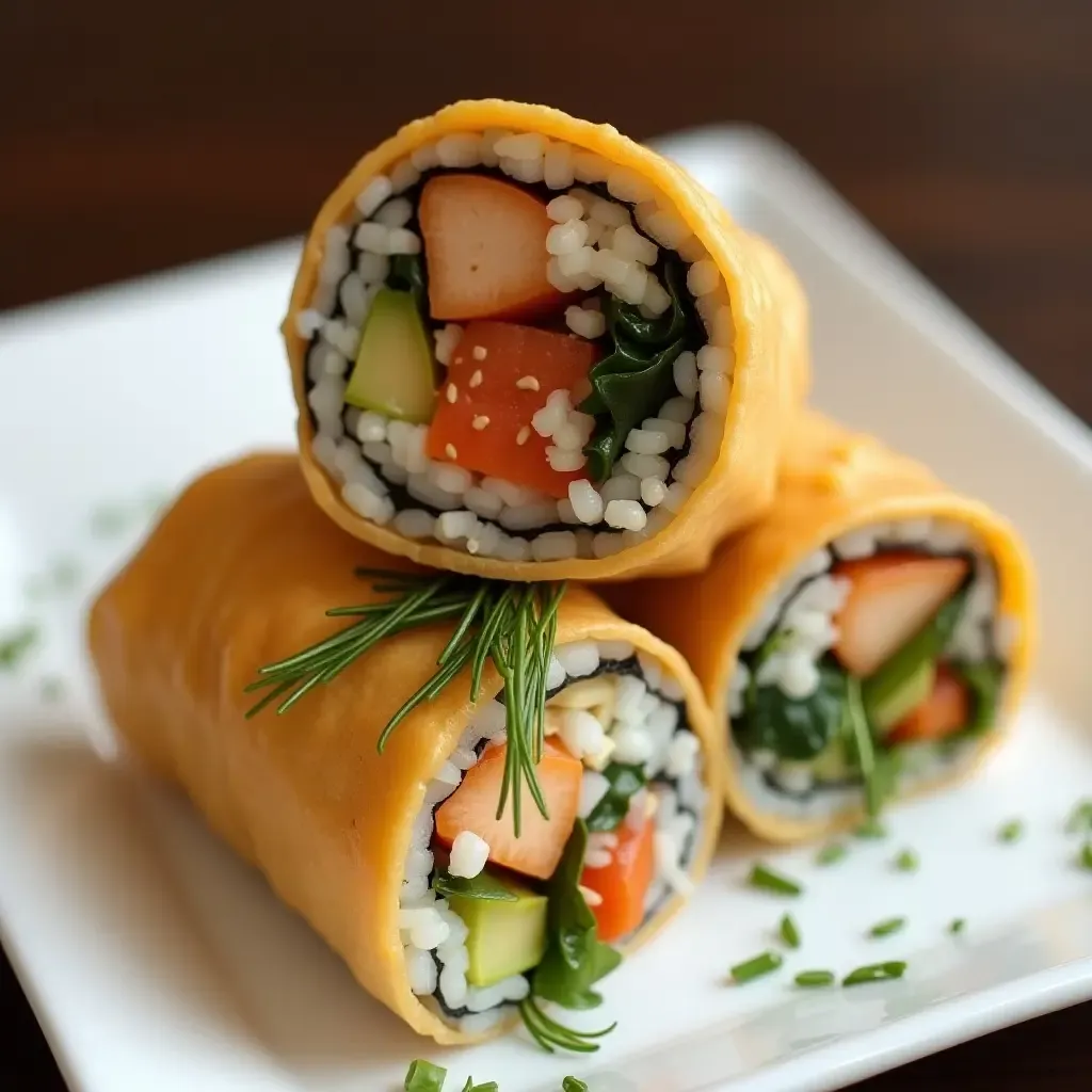 a photo of sushi burritos wrapped in nori, filled with rice, fish, and vegetables.