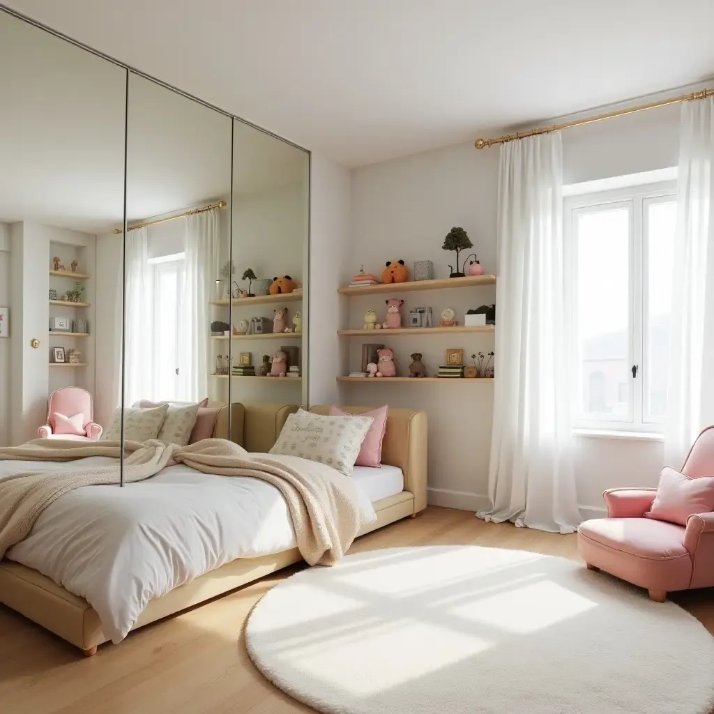 a photo of a spacious kids&#x27; room with mirrored shelves reflecting playful elements