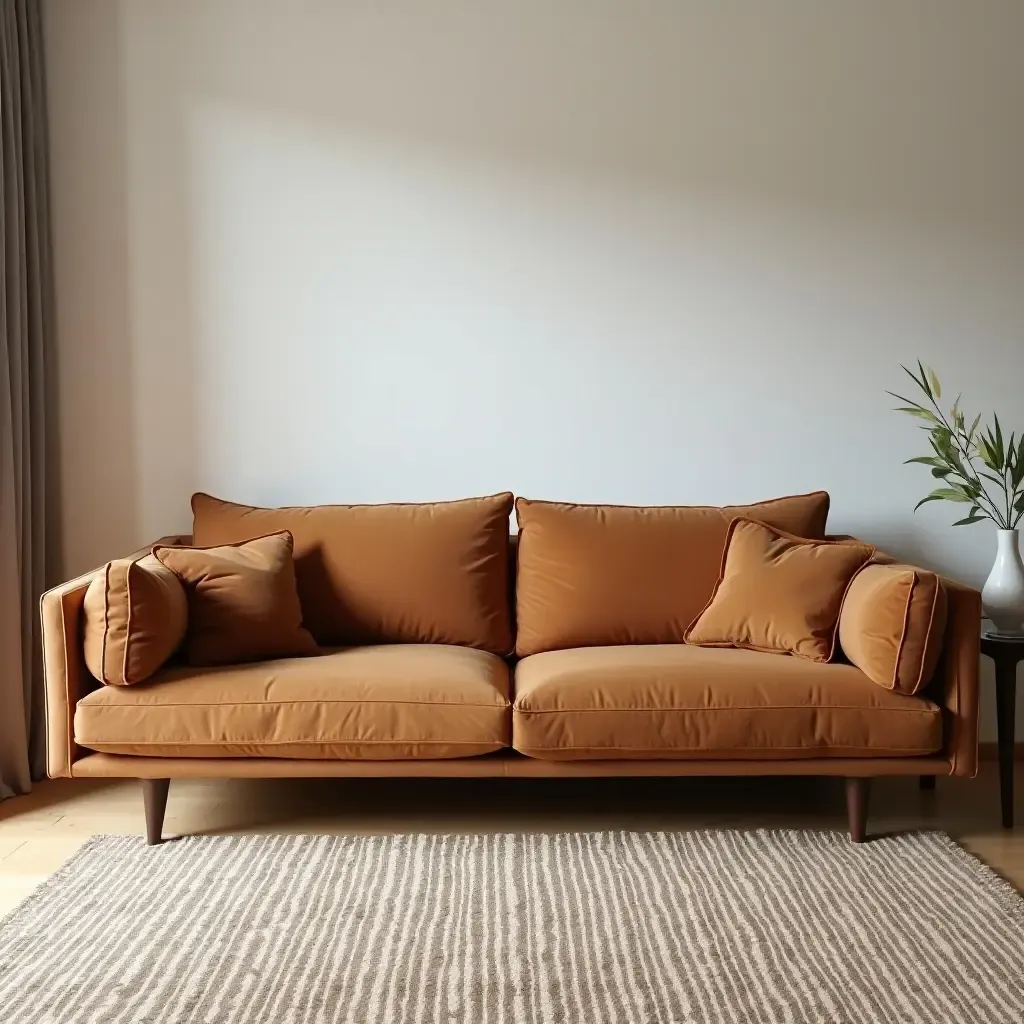 a photo of a living room with a cognac couch and textured area rug