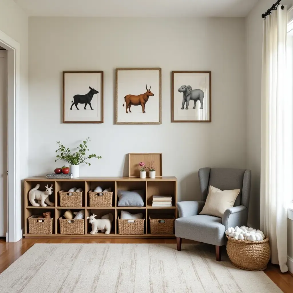 a photo of a rustic-themed playroom with farmhouse decor and storage solutions