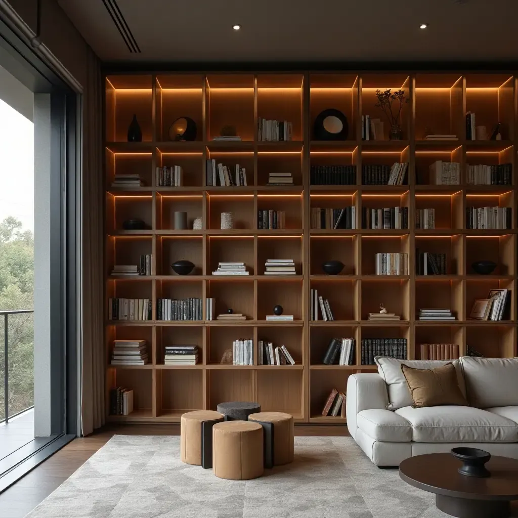 a photo of a library with a stylish combination of open and closed storage