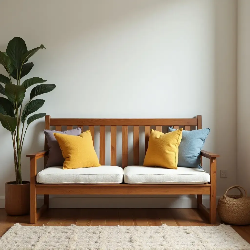 a photo of a living room with a wooden bench and colorful cushions