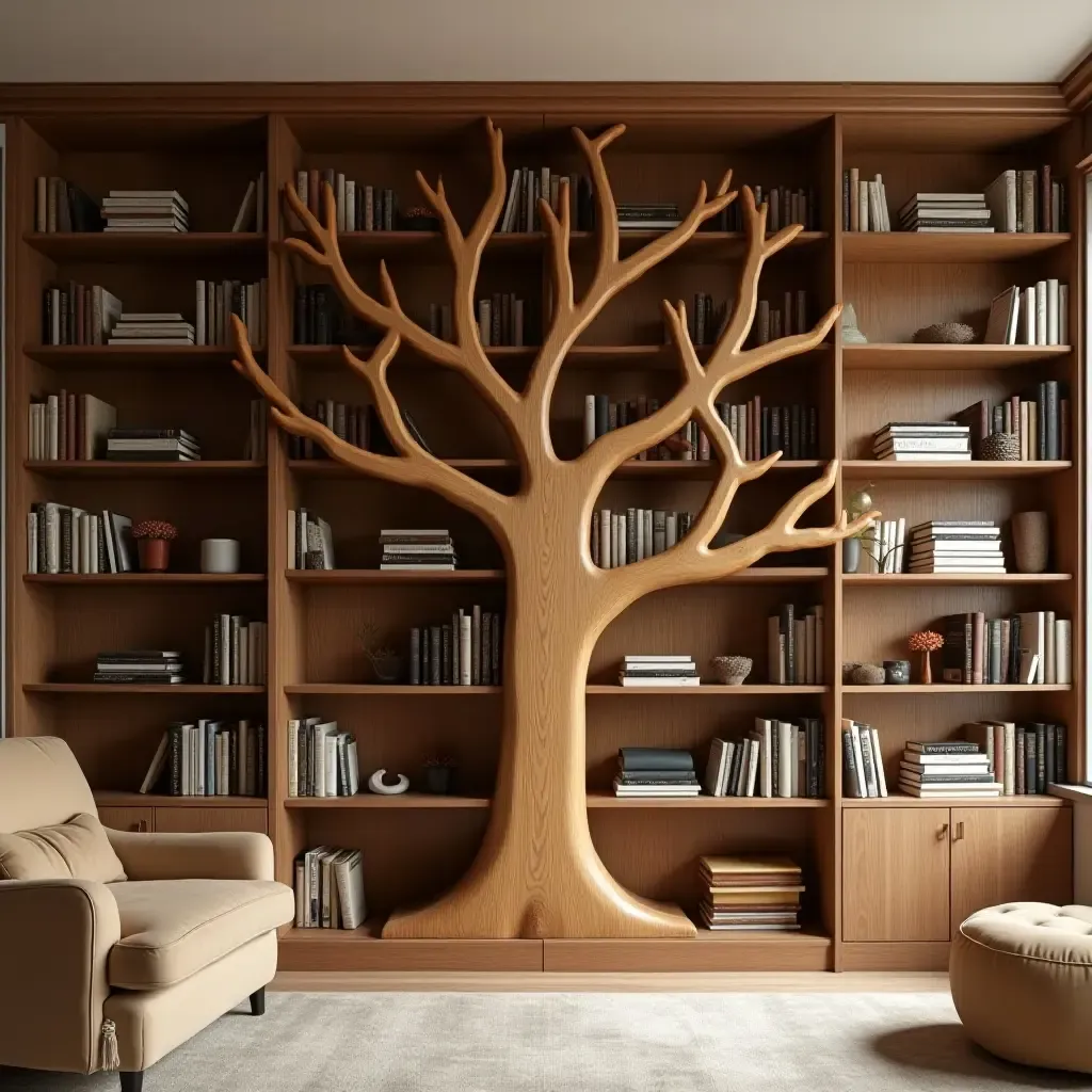 a photo of a library with a wooden bookshelf shaped like a tree