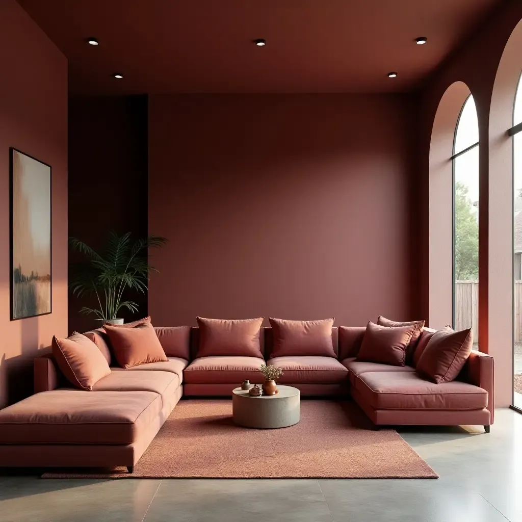 a photo of a maroon living room with an open layout and inviting seating arrangements