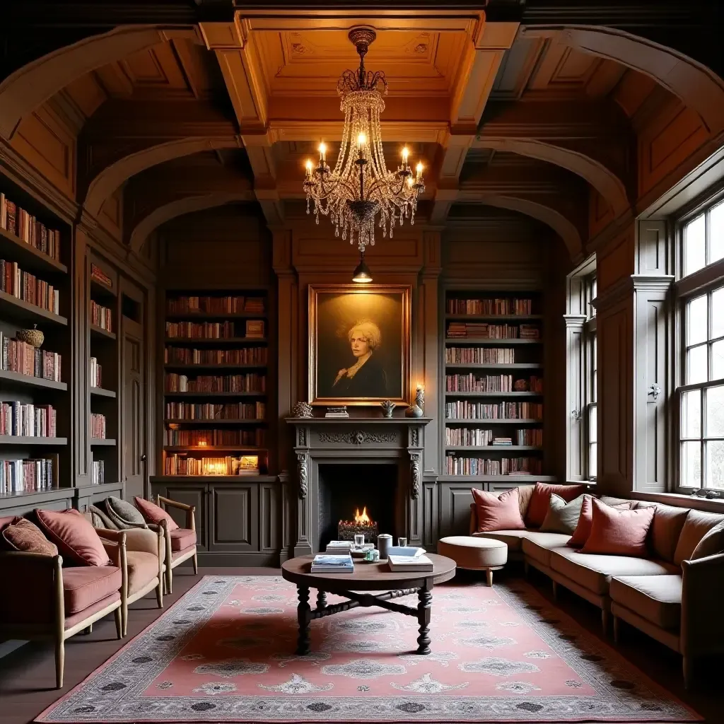 a photo of a library with a charming chandelier and wooden beams