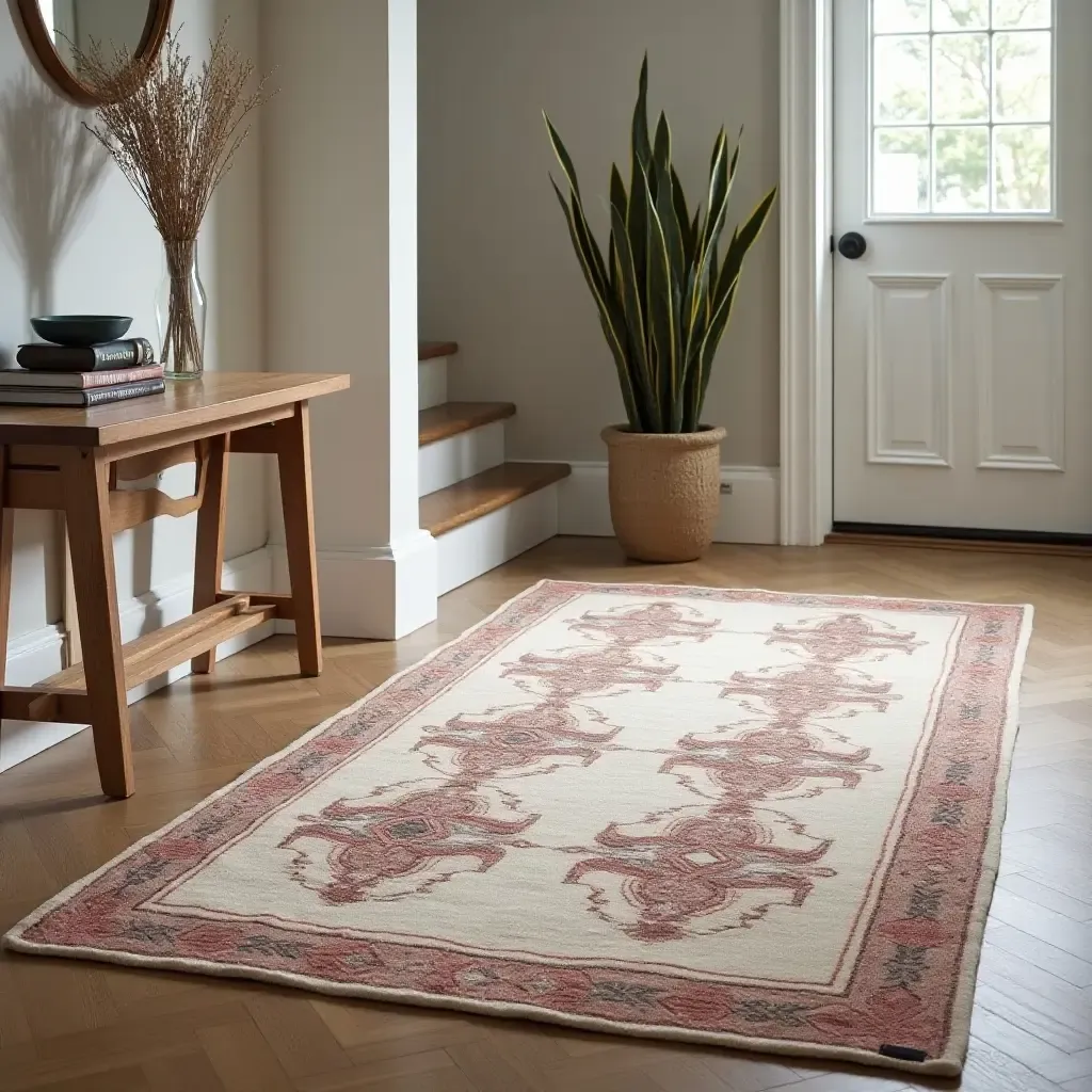 a photo of a handmade rug with unique stitching in a stylish foyer