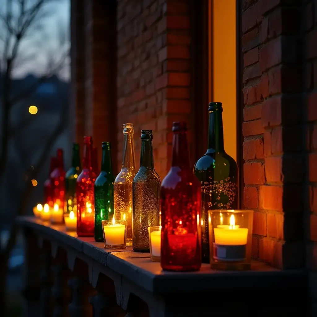 a photo of a balcony adorned with colorful glass bottles and candles