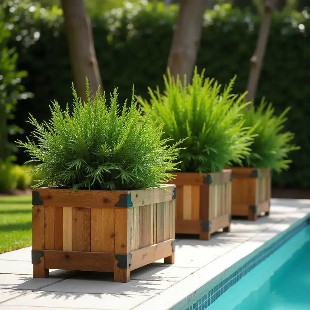 a photo of reclaimed wood planters filled with greenery by a pool