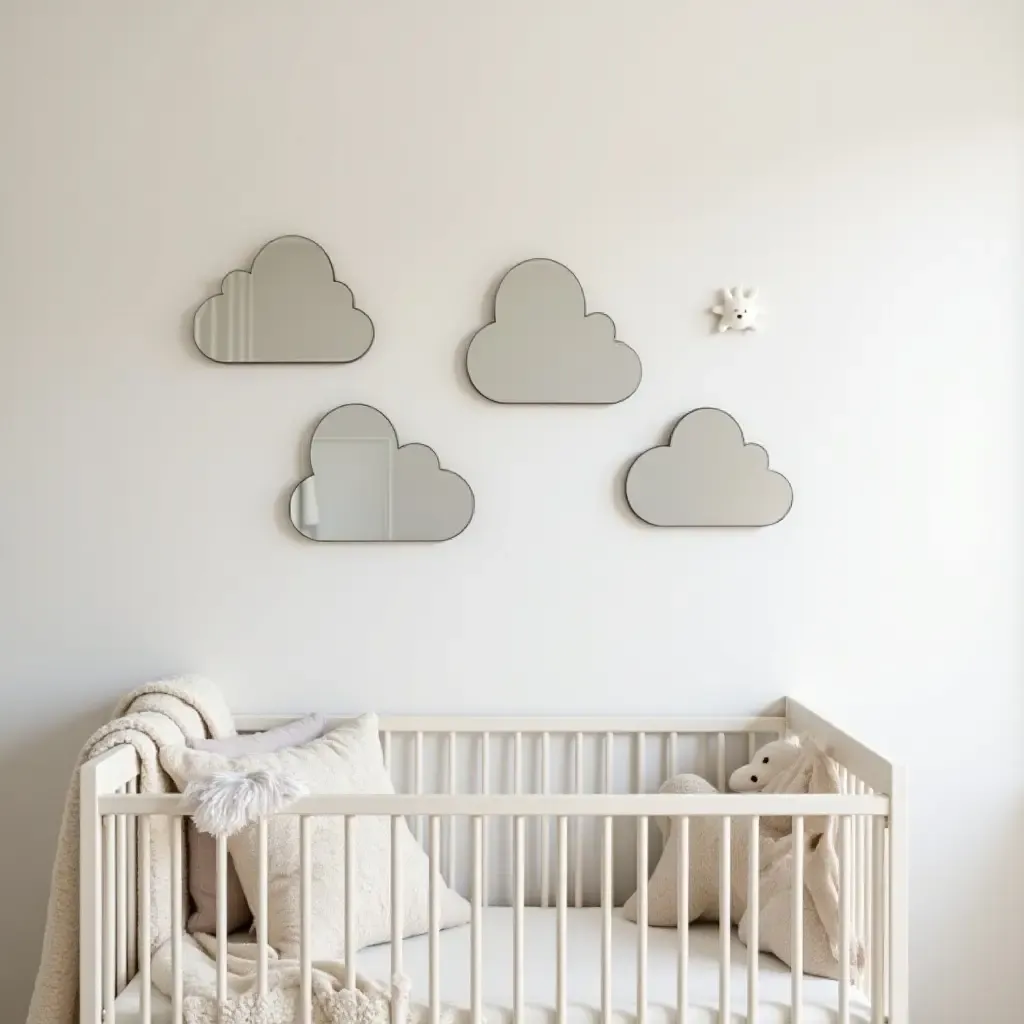 a photo of a whimsical nursery with mirrored cloud decorations