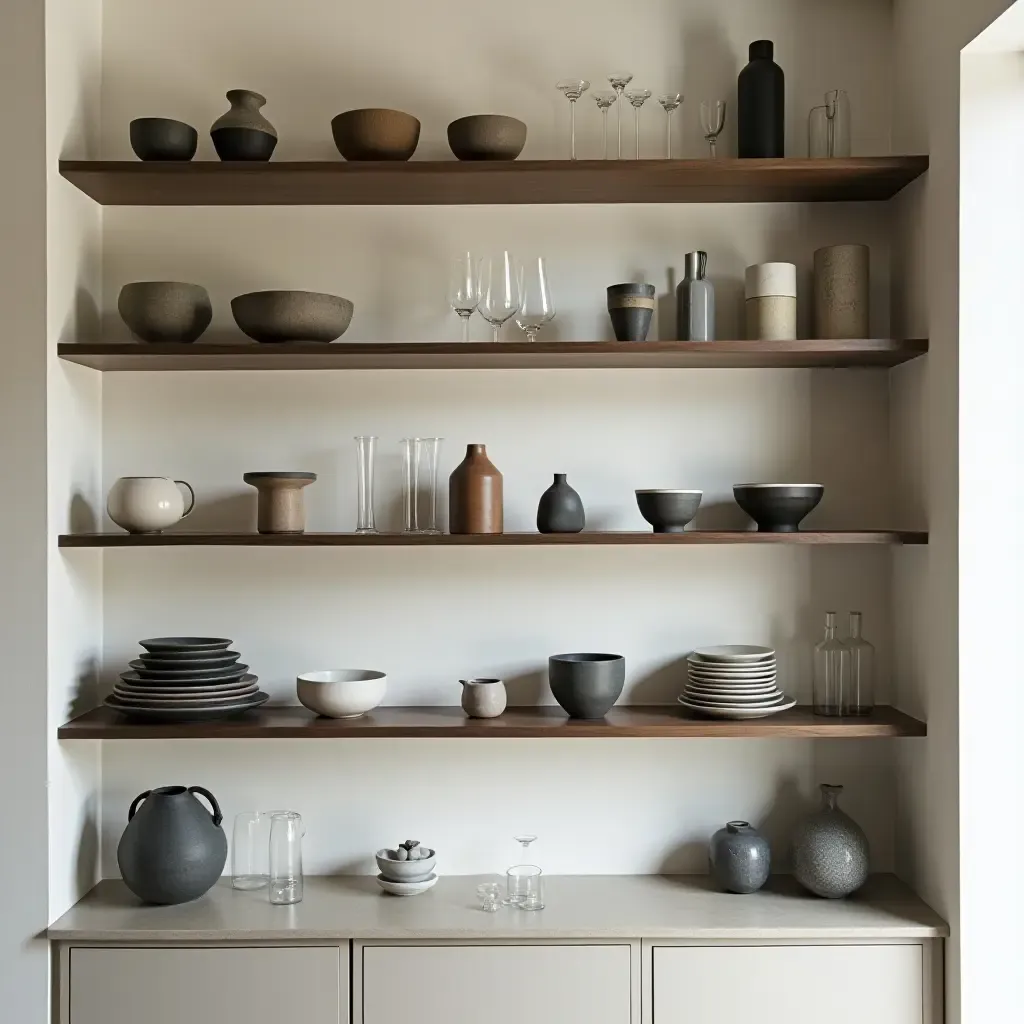 a photo of open shelving with artistic arrangements of glassware and ceramics