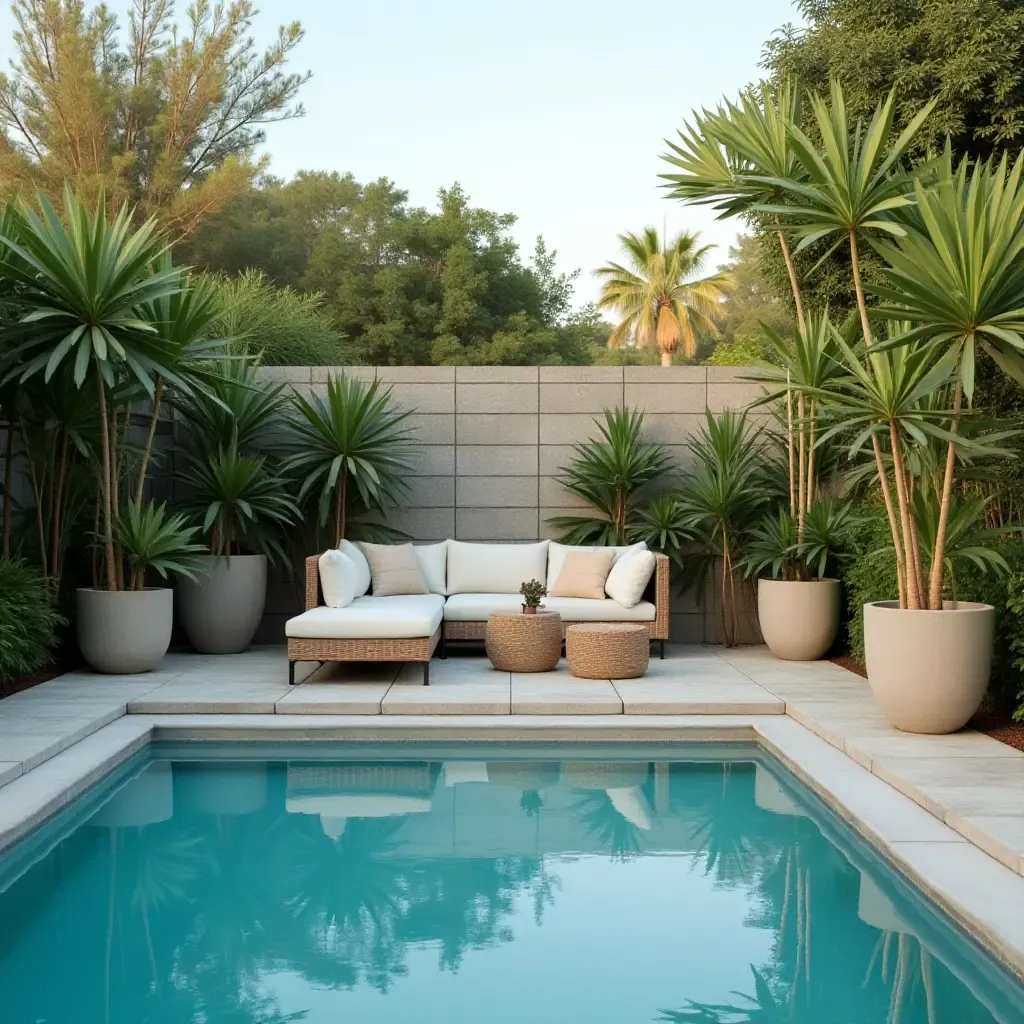 a photo of a poolside lounge area with potted palms