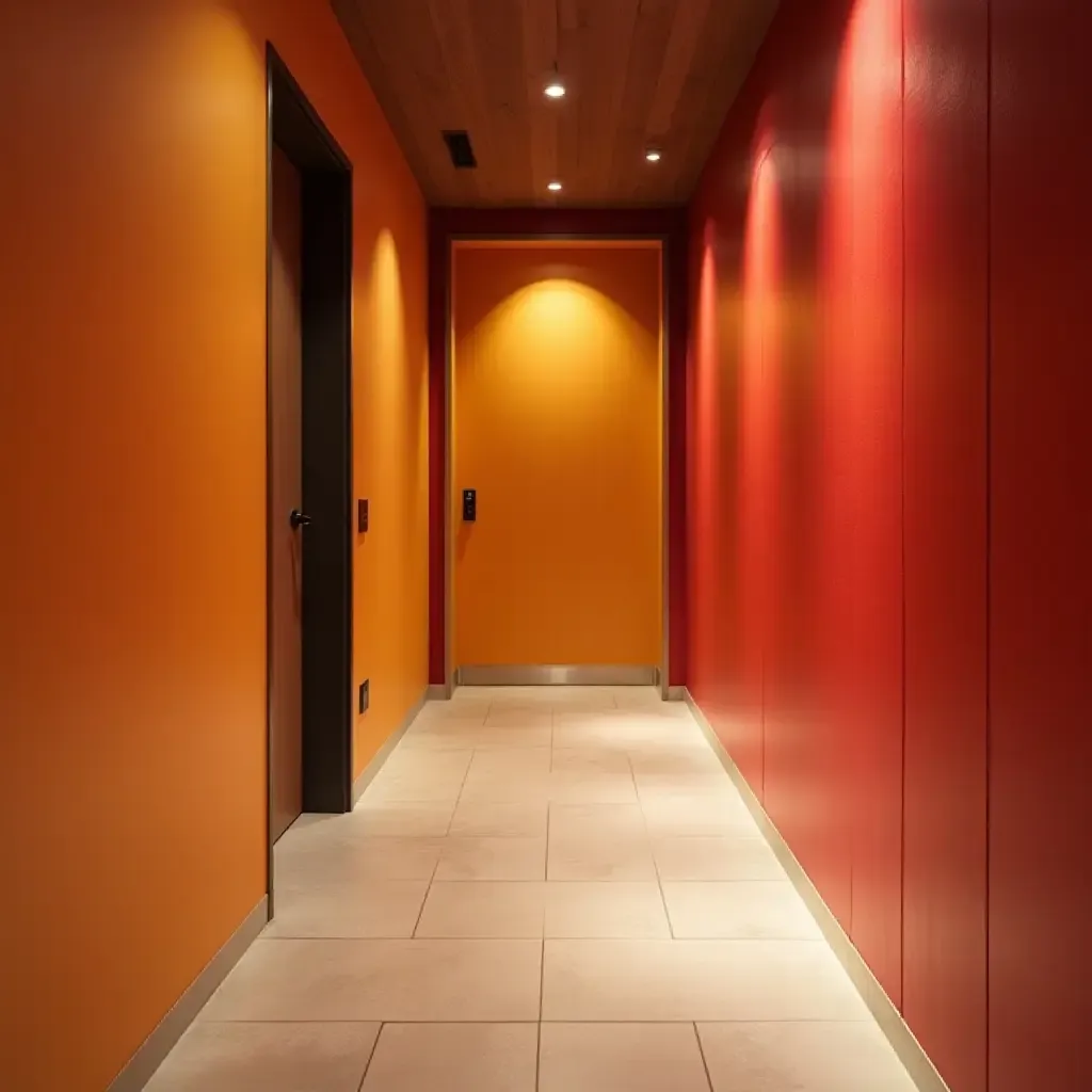 a photo of a corridor with a bold accent wall and lighting