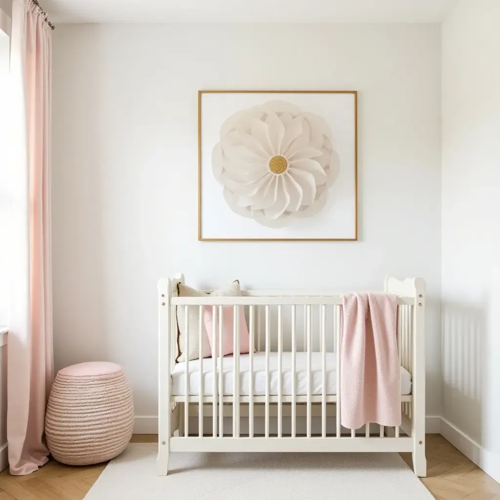 a photo of a nursery decorated with metal wall art and soft pastels