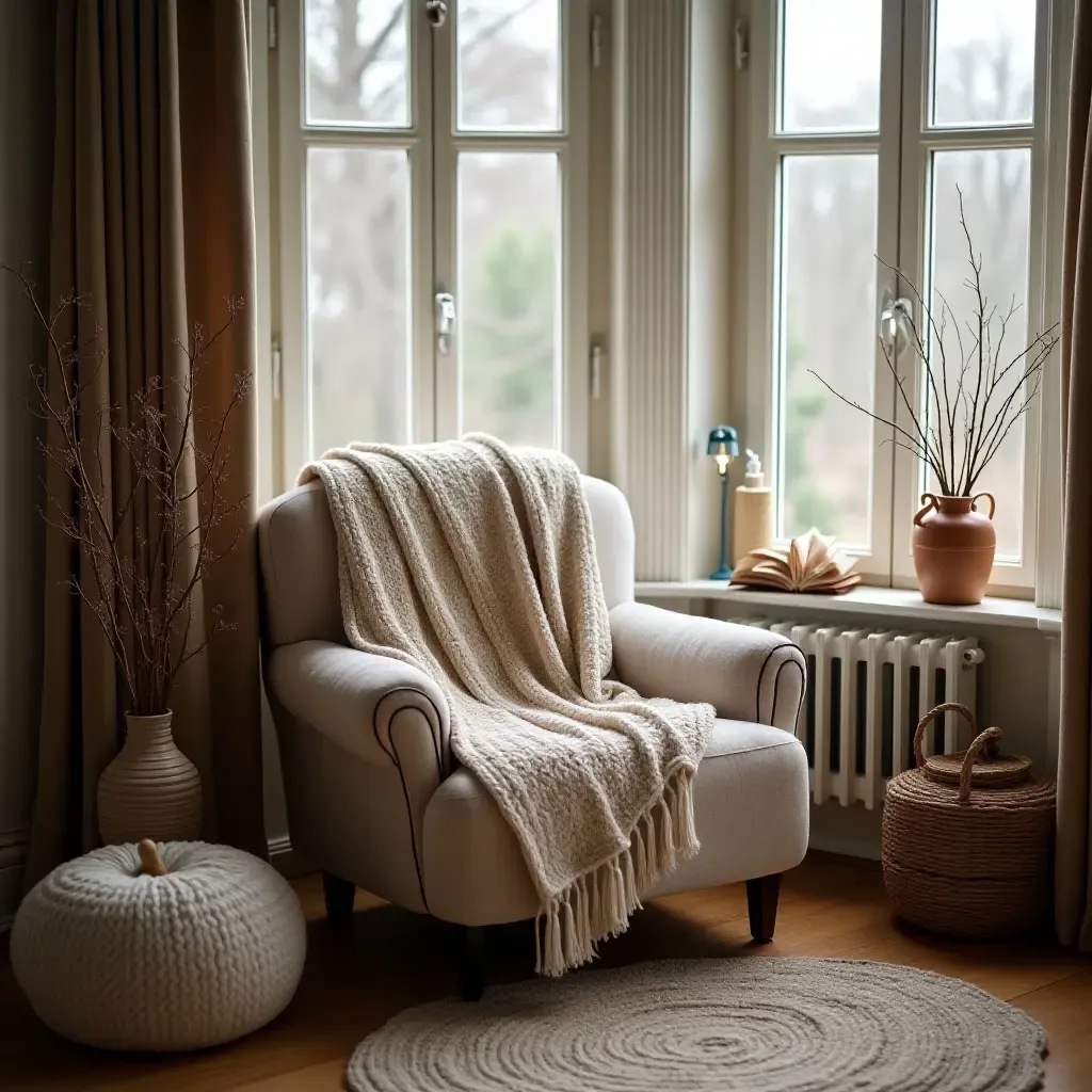 a photo of a reading nook with a plush armchair and knitted blankets