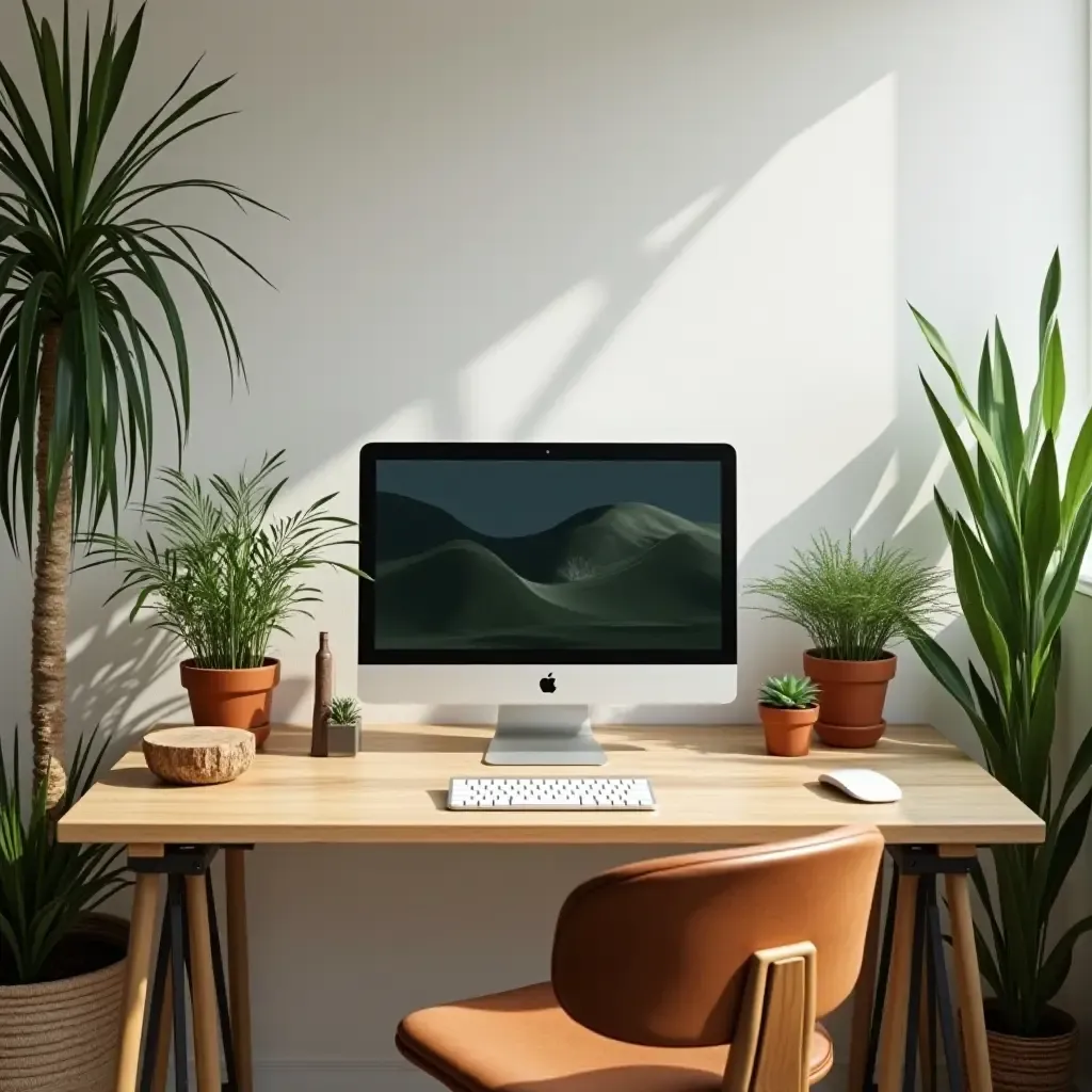 a photo of a nature-inspired desk with plants, wood elements, and earthy tones