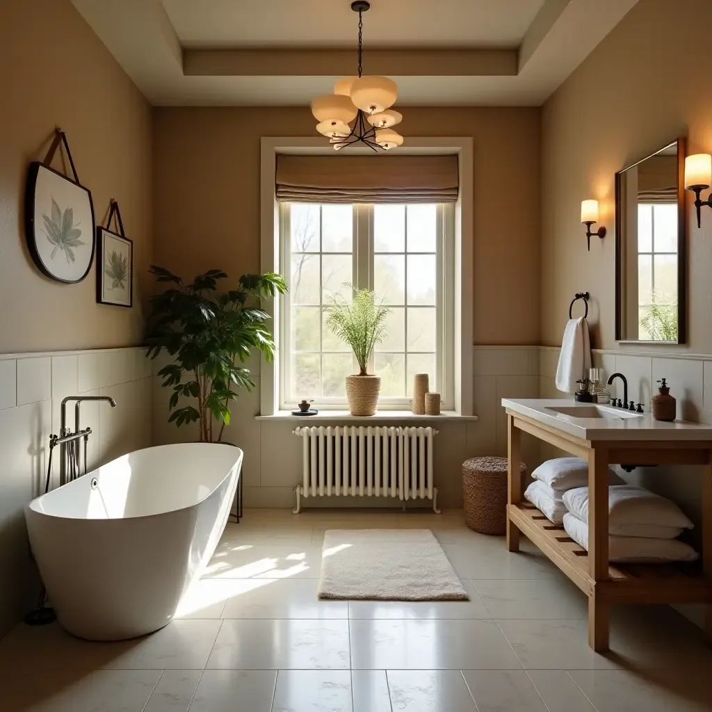 a photo of a cozy bathroom with a fireplace nook