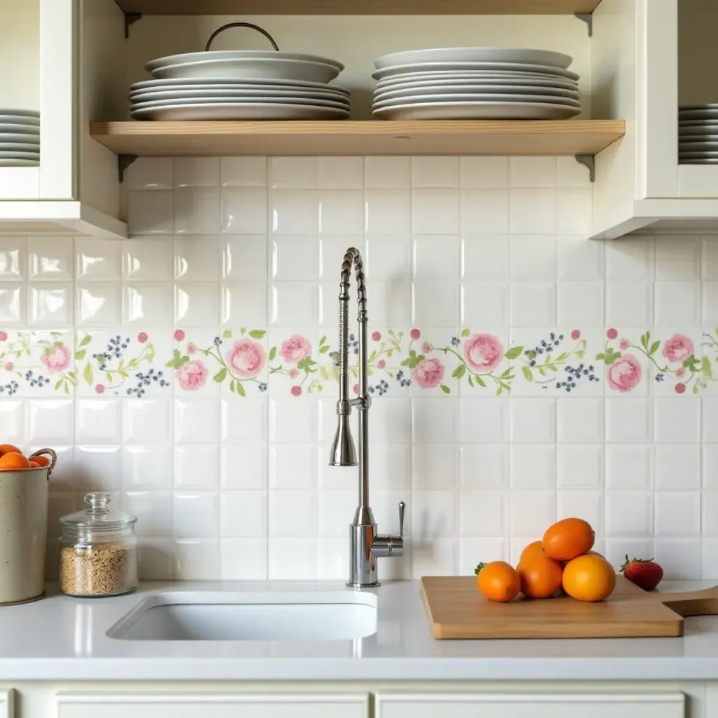 a photo of a charming ceramic tile backsplash with floral designs in a cottage kitchen