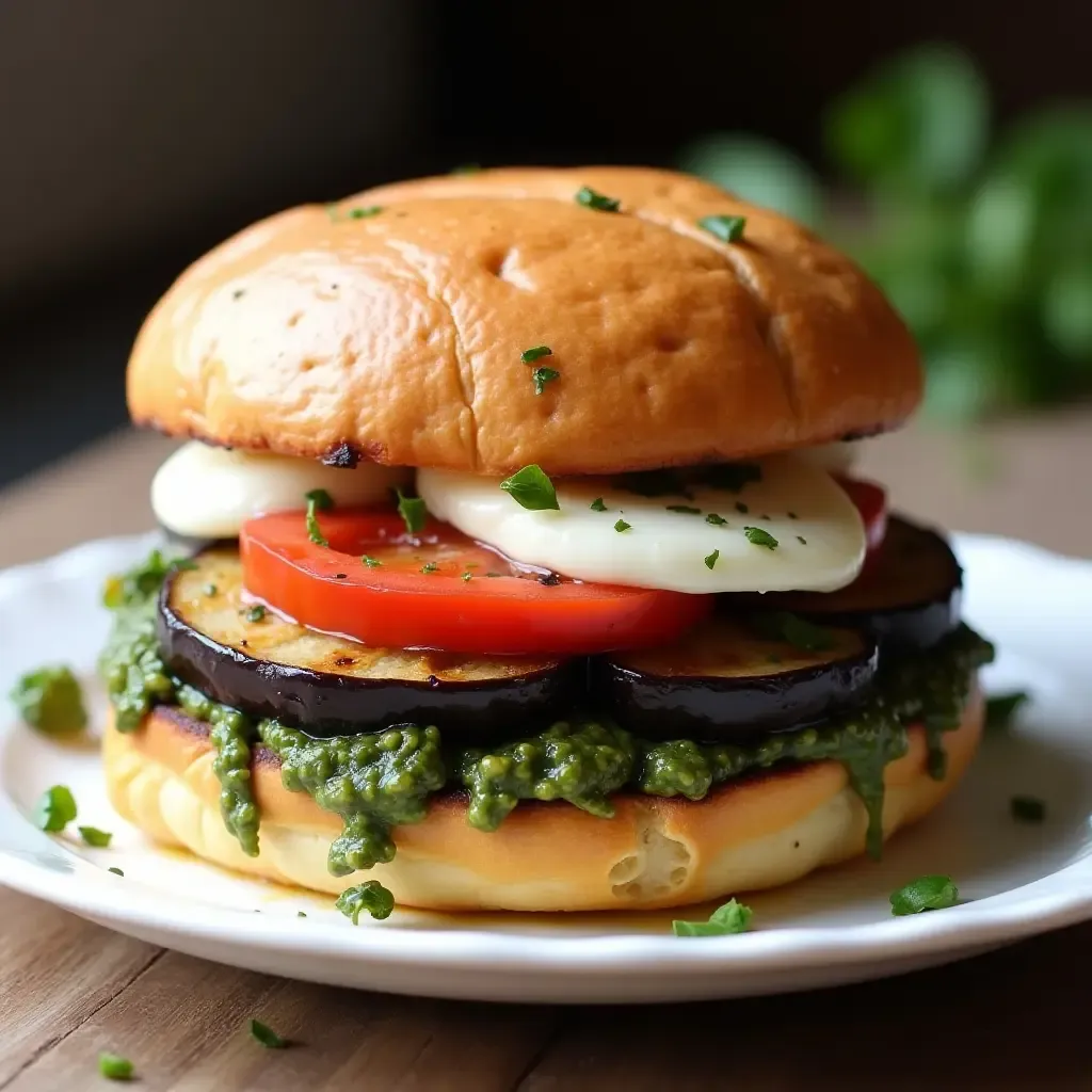 a photo of an unconventional Italian sandwich with grilled eggplant, pesto, and fresh mozzarella.