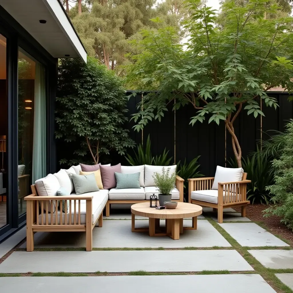 a photo of a cozy outdoor seating area on a stylish concrete patio