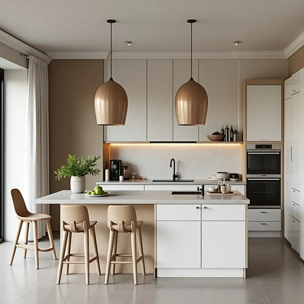 a photo of a kitchen with a chic coffee bar and decorative accents