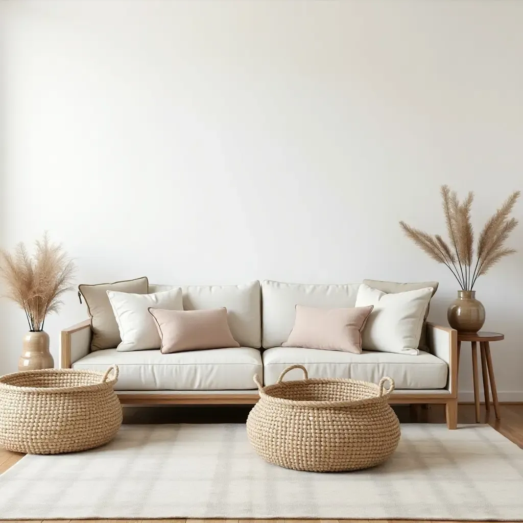 a photo of a living room featuring woven baskets and farmhouse-inspired accessories