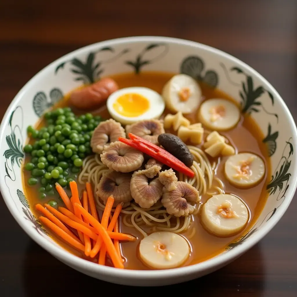 a photo of a comforting bowl of champon noodles with seafood, vegetables, and a creamy pork broth.