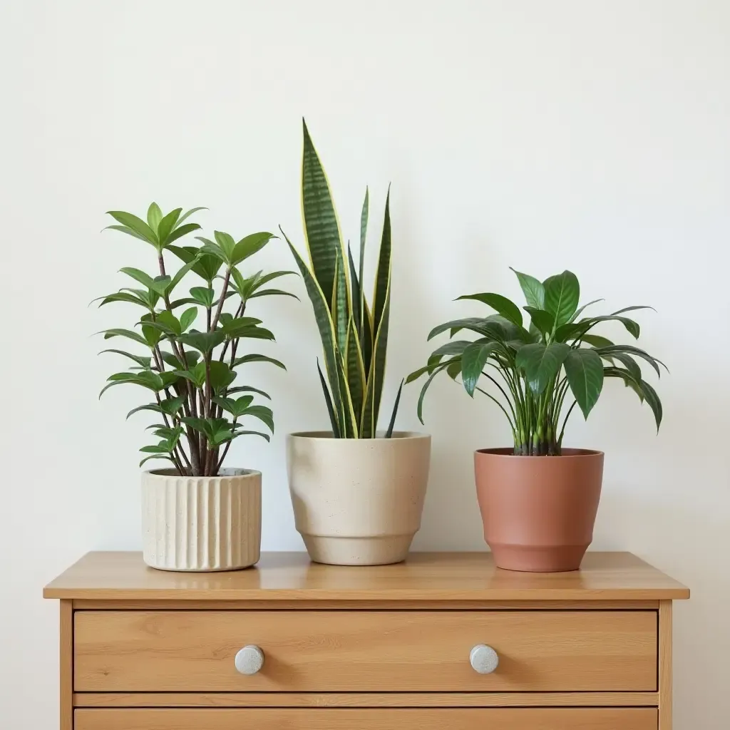 a photo of a creative plant display on a dresser