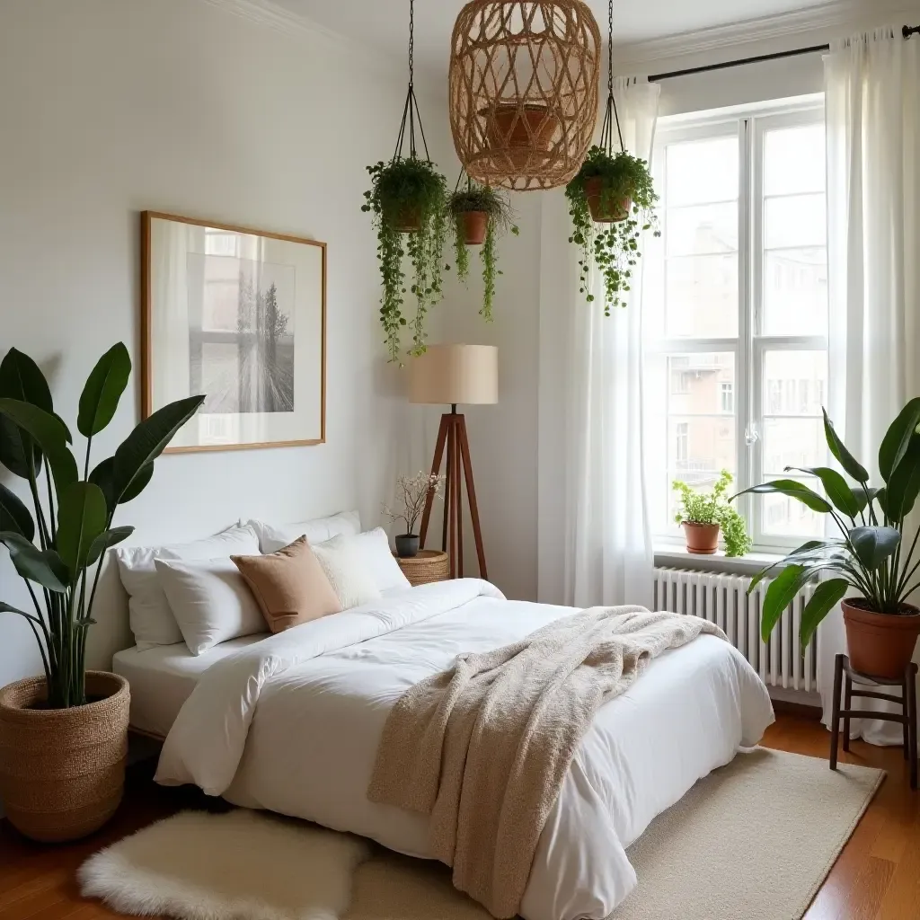 a photo of a bedroom decorated with hanging plants and bohemian accents