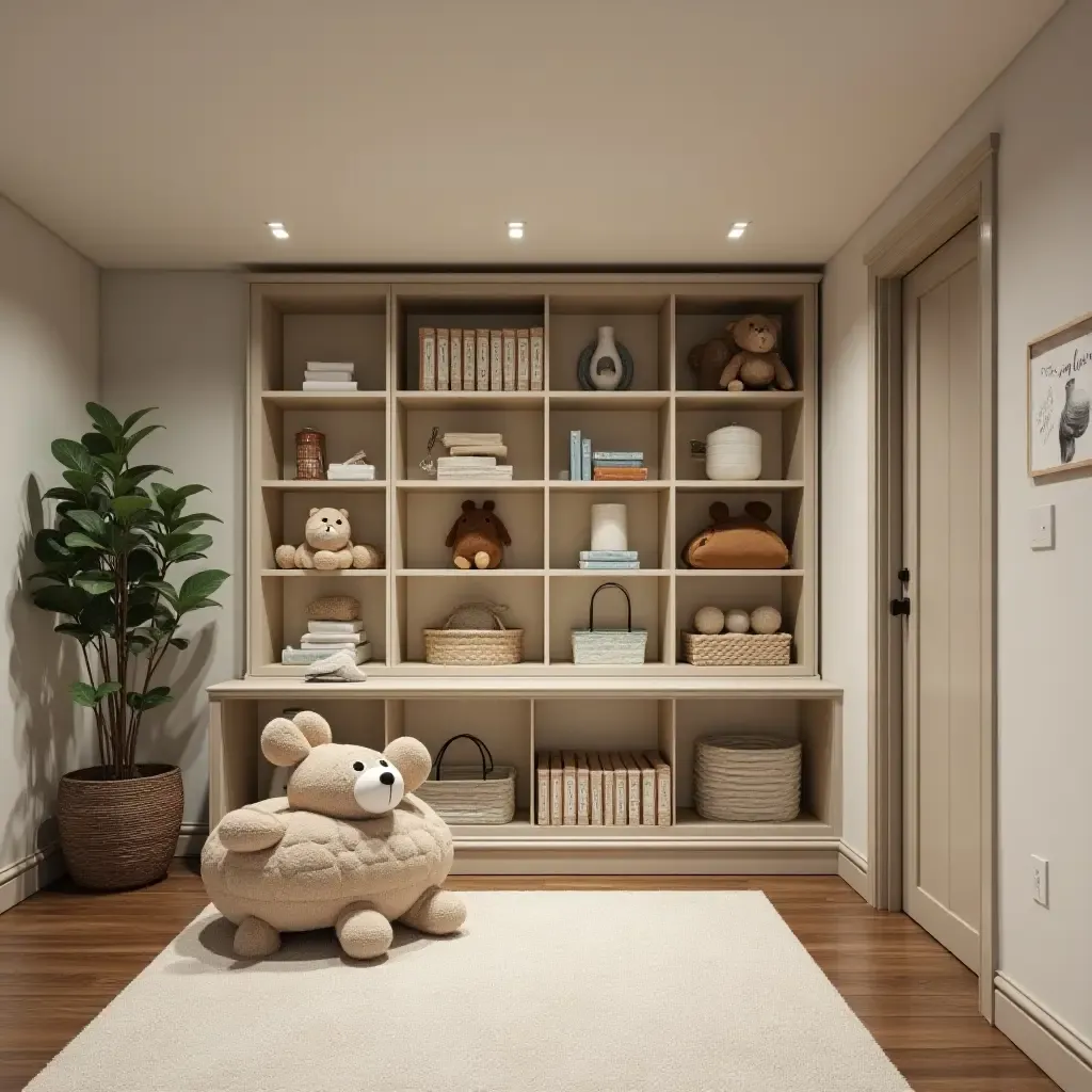 a photo of a family-friendly basement with toy storage solutions