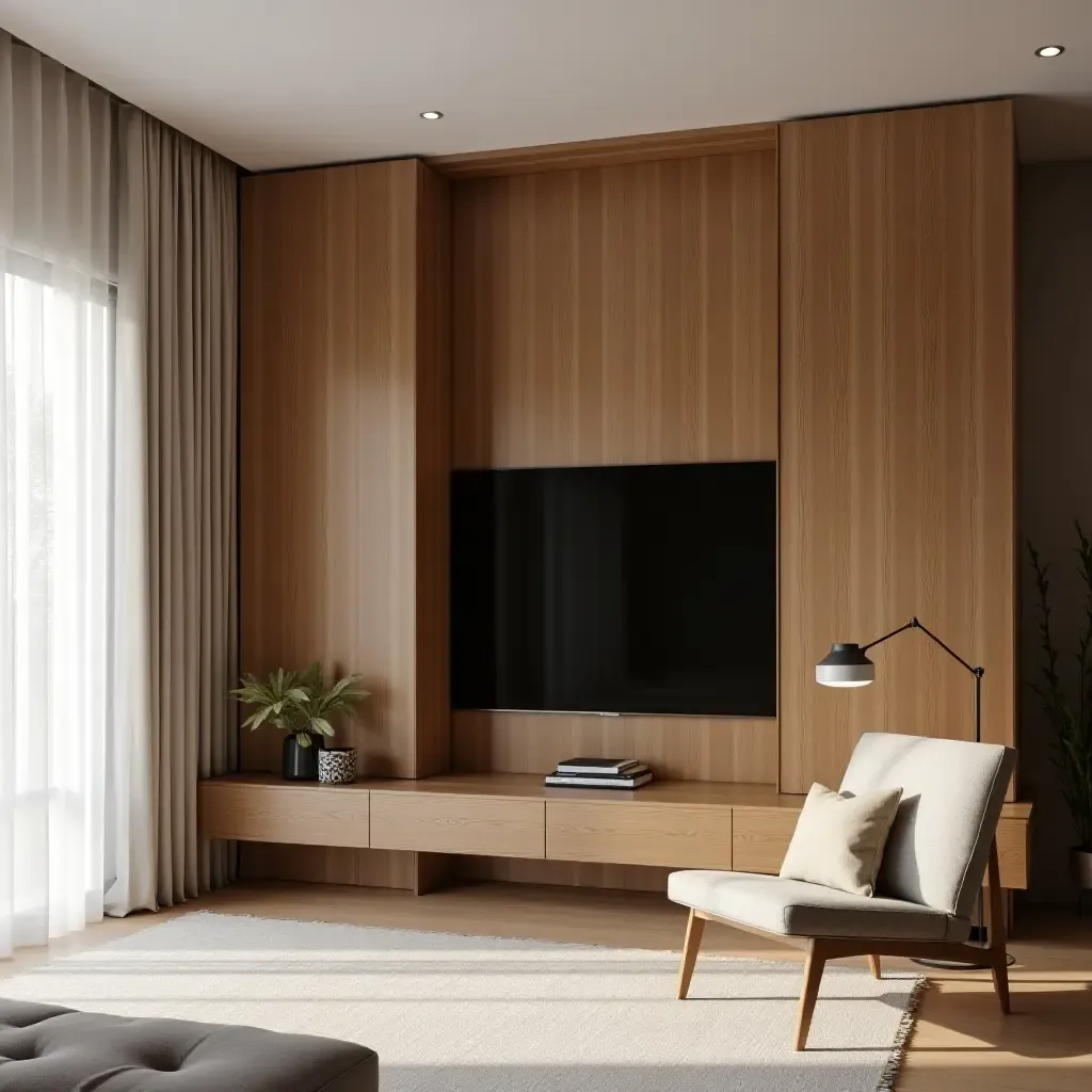 a photo of a modern TV hidden behind sliding wooden panels in a corner