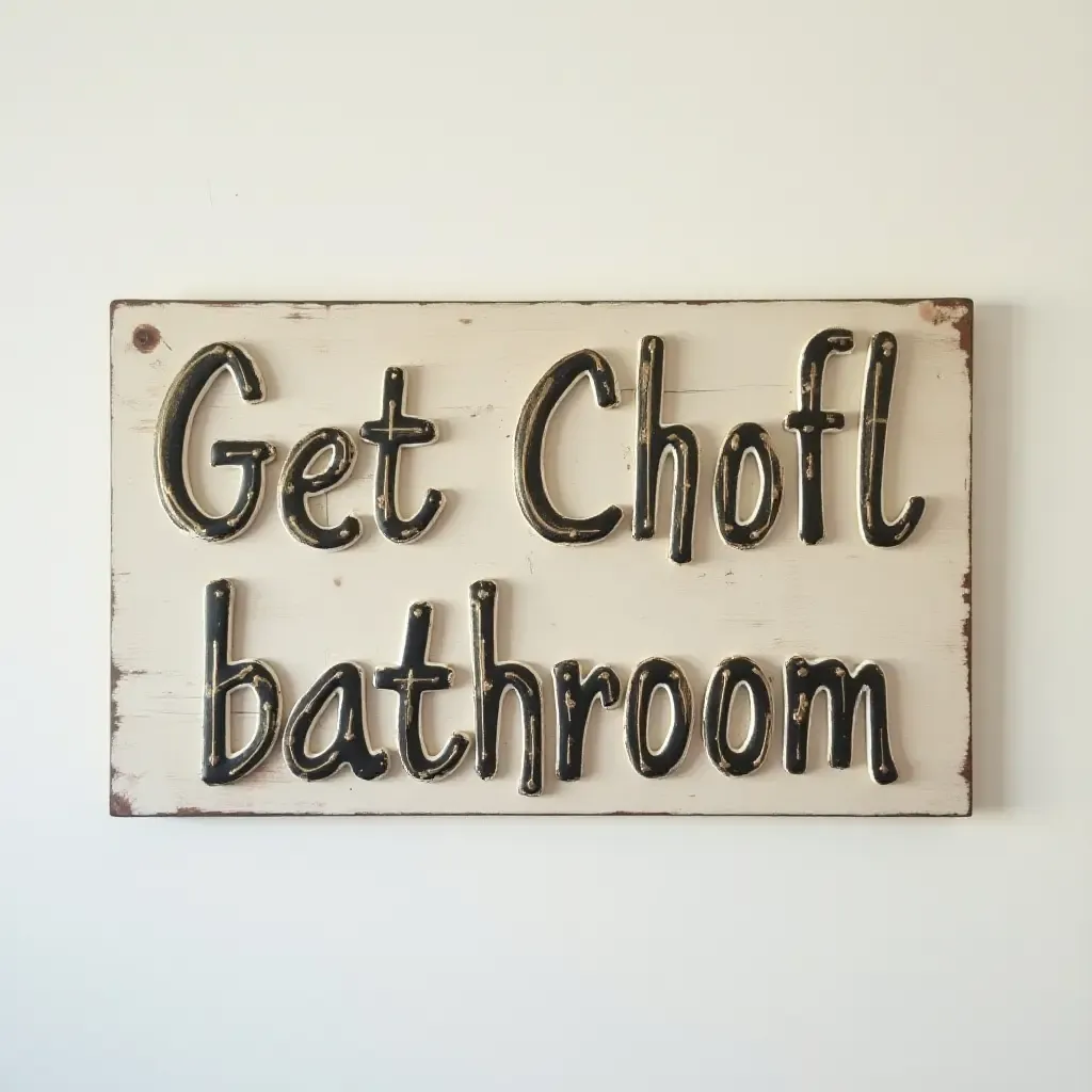 a photo of a chic bathroom sign made from upcycled materials