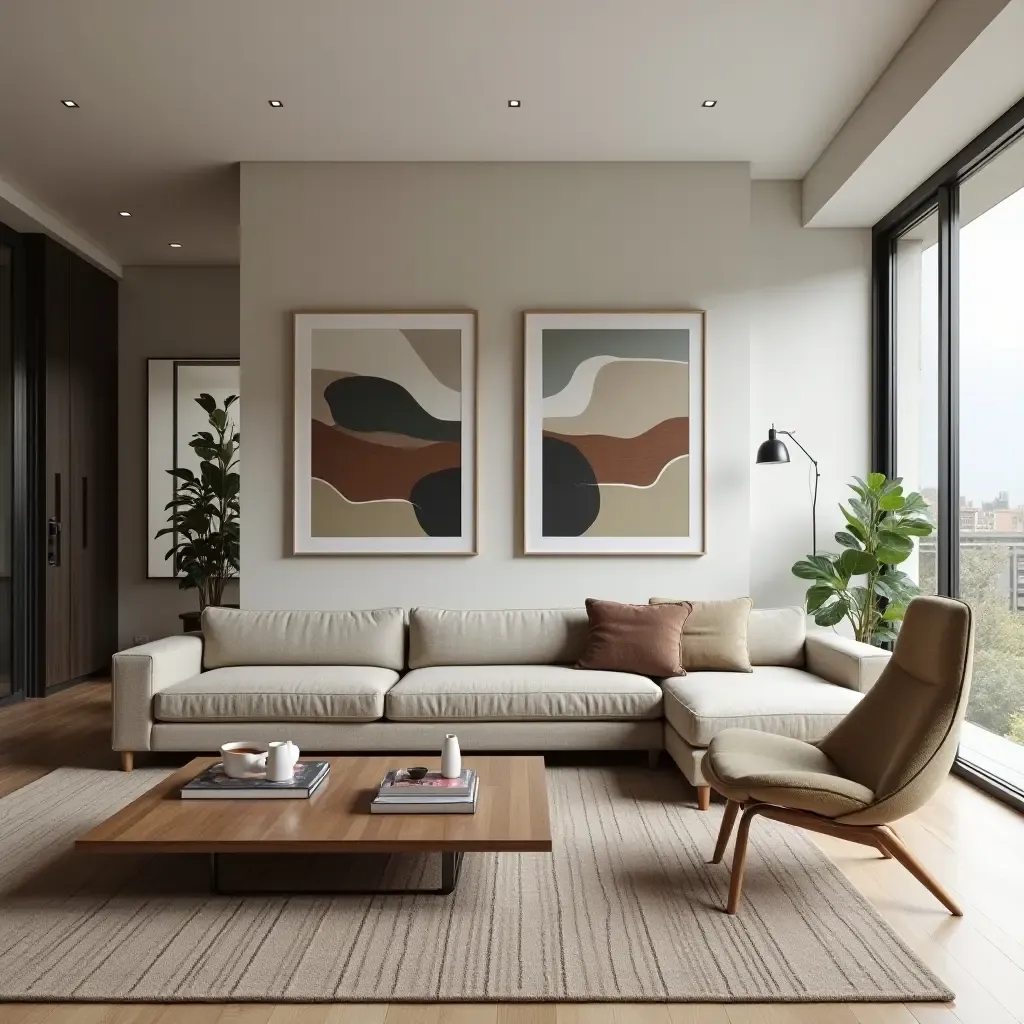 a photo of a sleek modern living room with vintage-inspired decor and modern accents