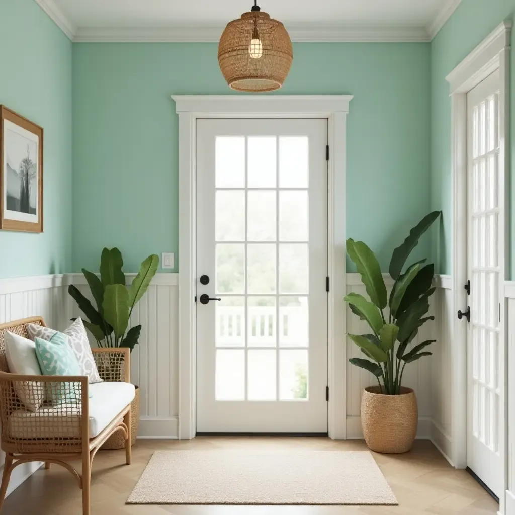 a photo of a fresh aqua and sandy beige entryway with beach-inspired elements