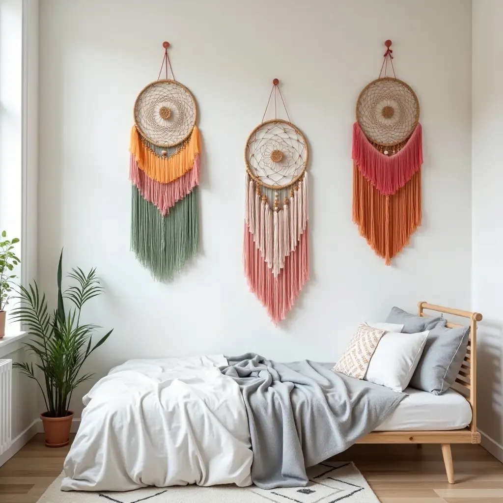 a photo of a room decorated with DIY dreamcatchers and colorful wall hangings