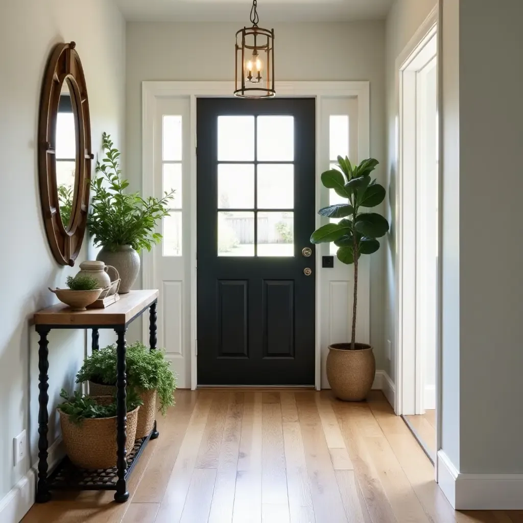 a photo of a welcoming entryway with a rustic table and fresh greenery