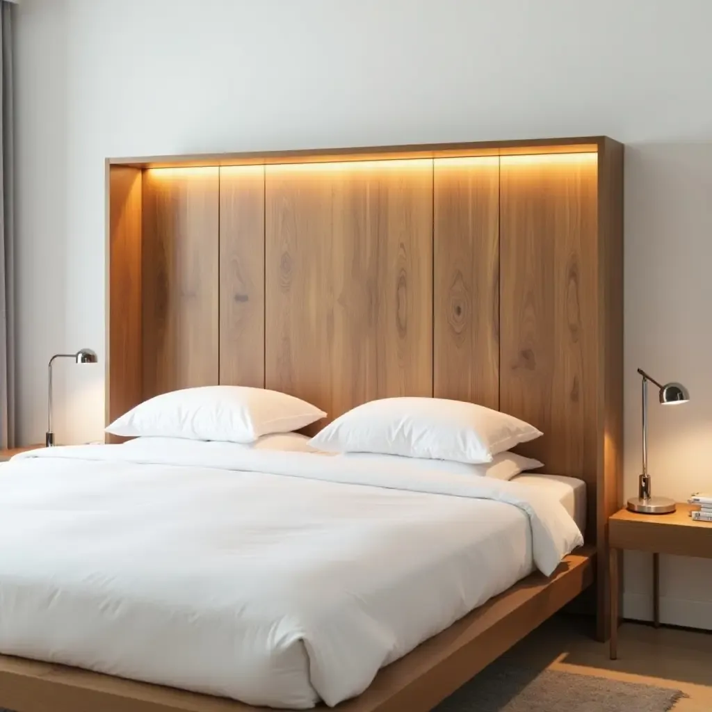 a photo of a wooden headboard with built-in storage