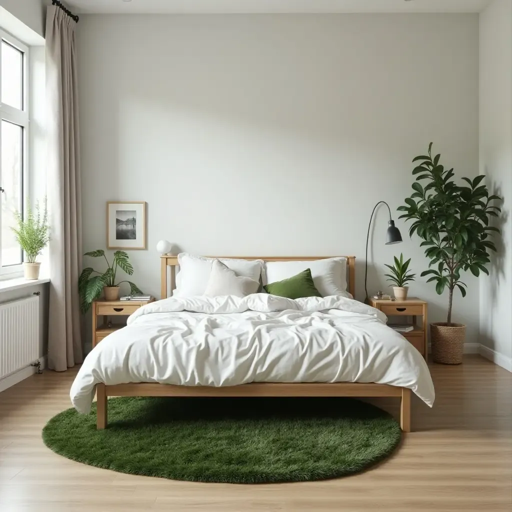 a photo of a cozy bedroom with a green plant rug