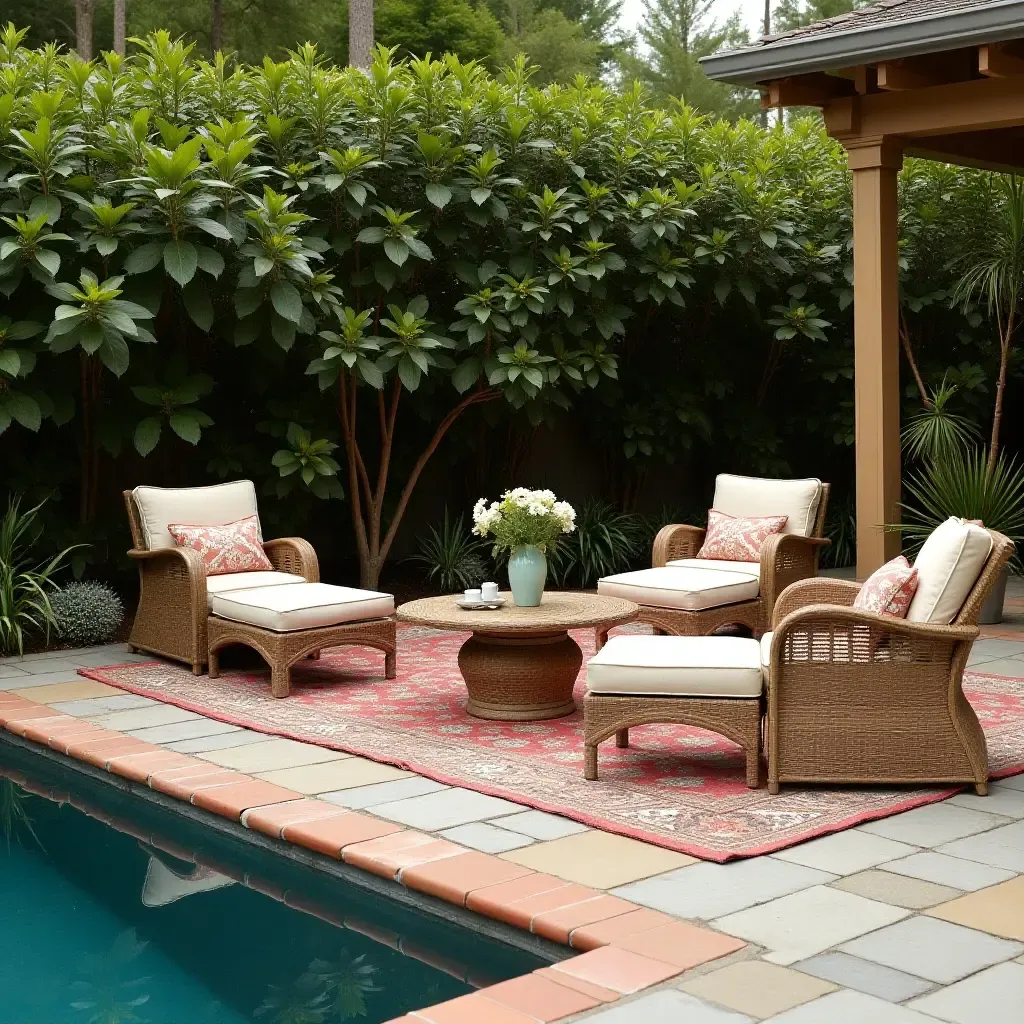 a photo of a charming pool area with a vintage-style outdoor rug and seating