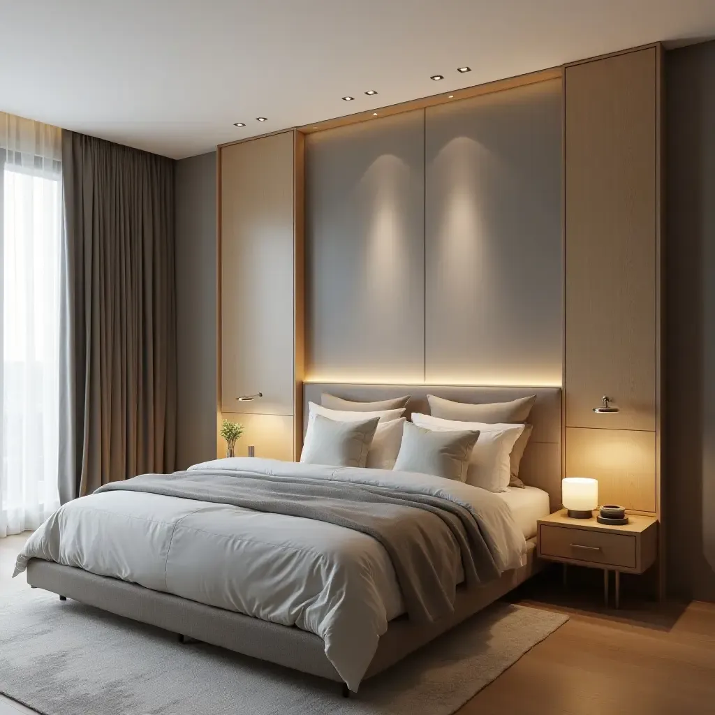 a photo of a sleek bedroom with a storage headboard