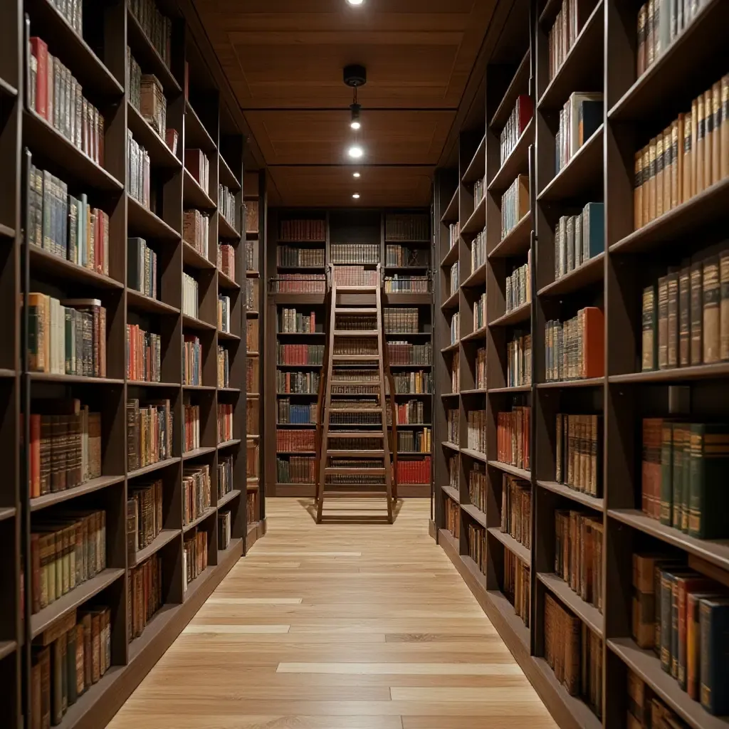 a photo of a library with floor-to-ceiling shelves and a ladder