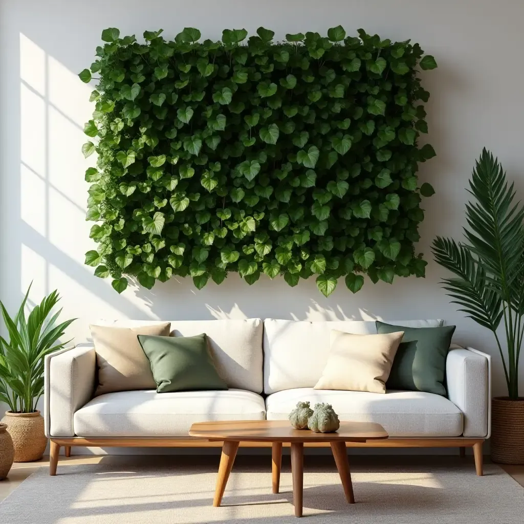 a photo of a living room featuring a vertical plant wall