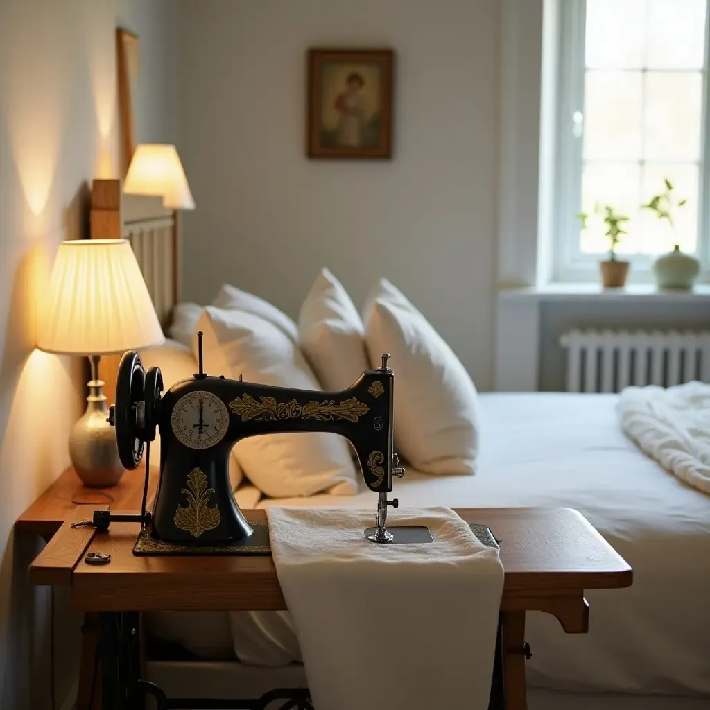 a photo of a vintage sewing machine as a decorative piece in a bedroom