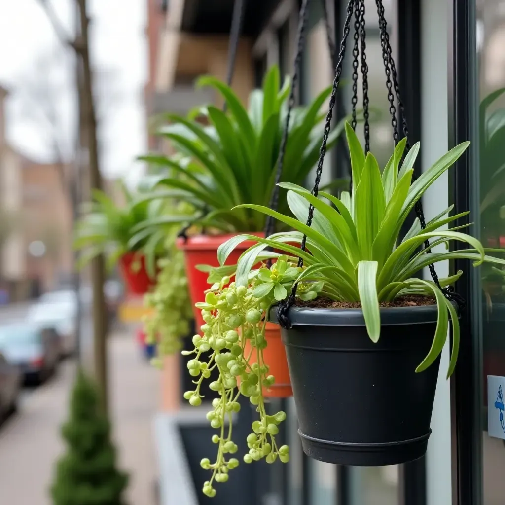 a photo of a balcony adorned with hanging plants in colorful pots