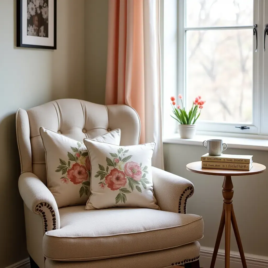 a photo of a vintage-inspired teen bedroom with floral throw pillows on a chair