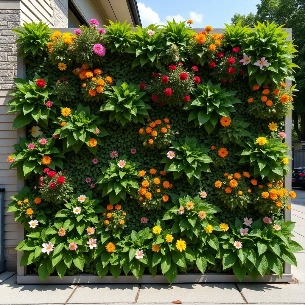 a photo of a vertical garden wall with colorful flowers