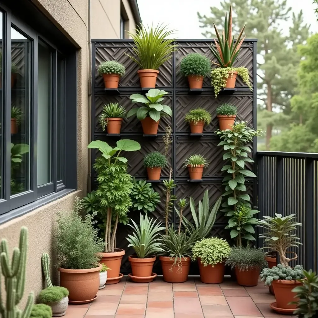 a photo of a balcony with a wall of potted succulents and cacti