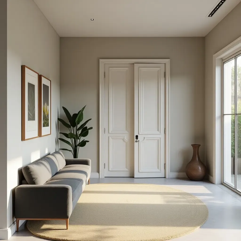 a photo of a stylish entrance hall featuring a built-in seating area and art