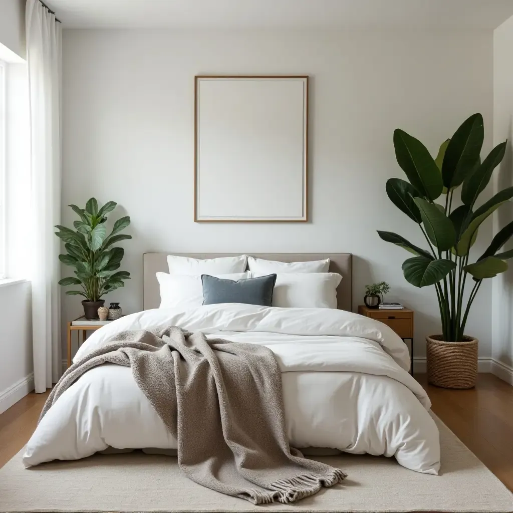 a photo of a bedroom with a bold statement plant as a centerpiece