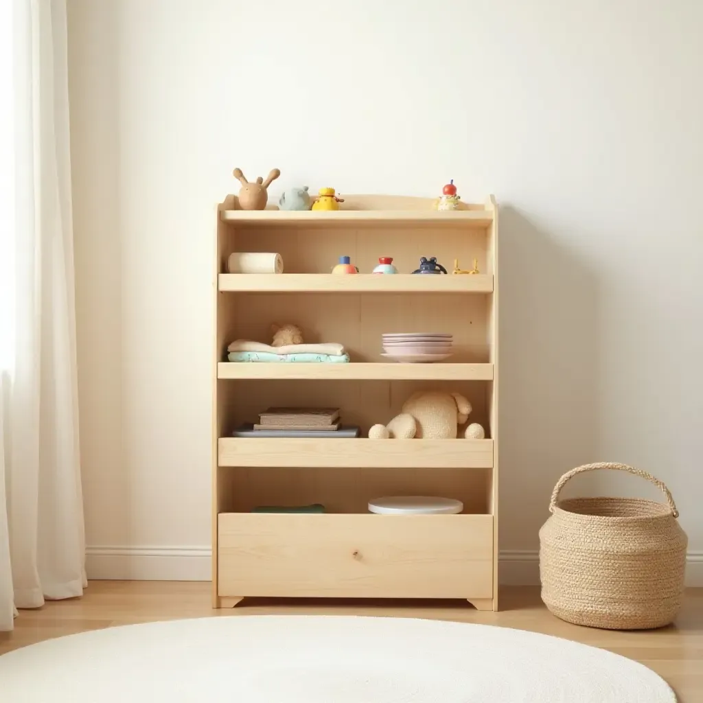 a photo of a wooden toy organizer in a bright nursery