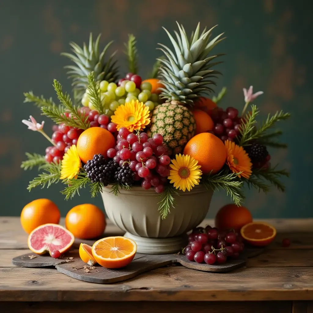 a photo of vibrant fruit arrangements as centerpiece on a rustic wooden countertop